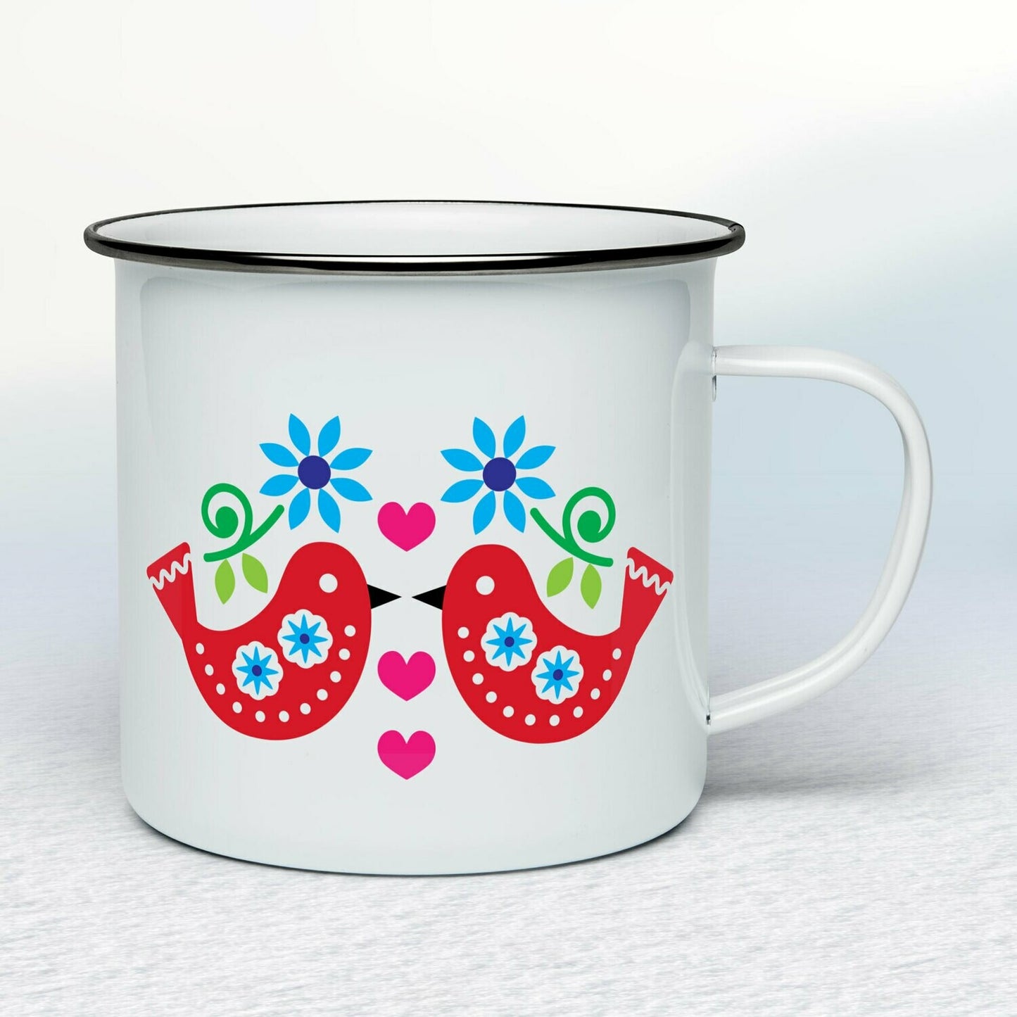 Smaltovaný hrnček - biely - Folkové Vtáčiky