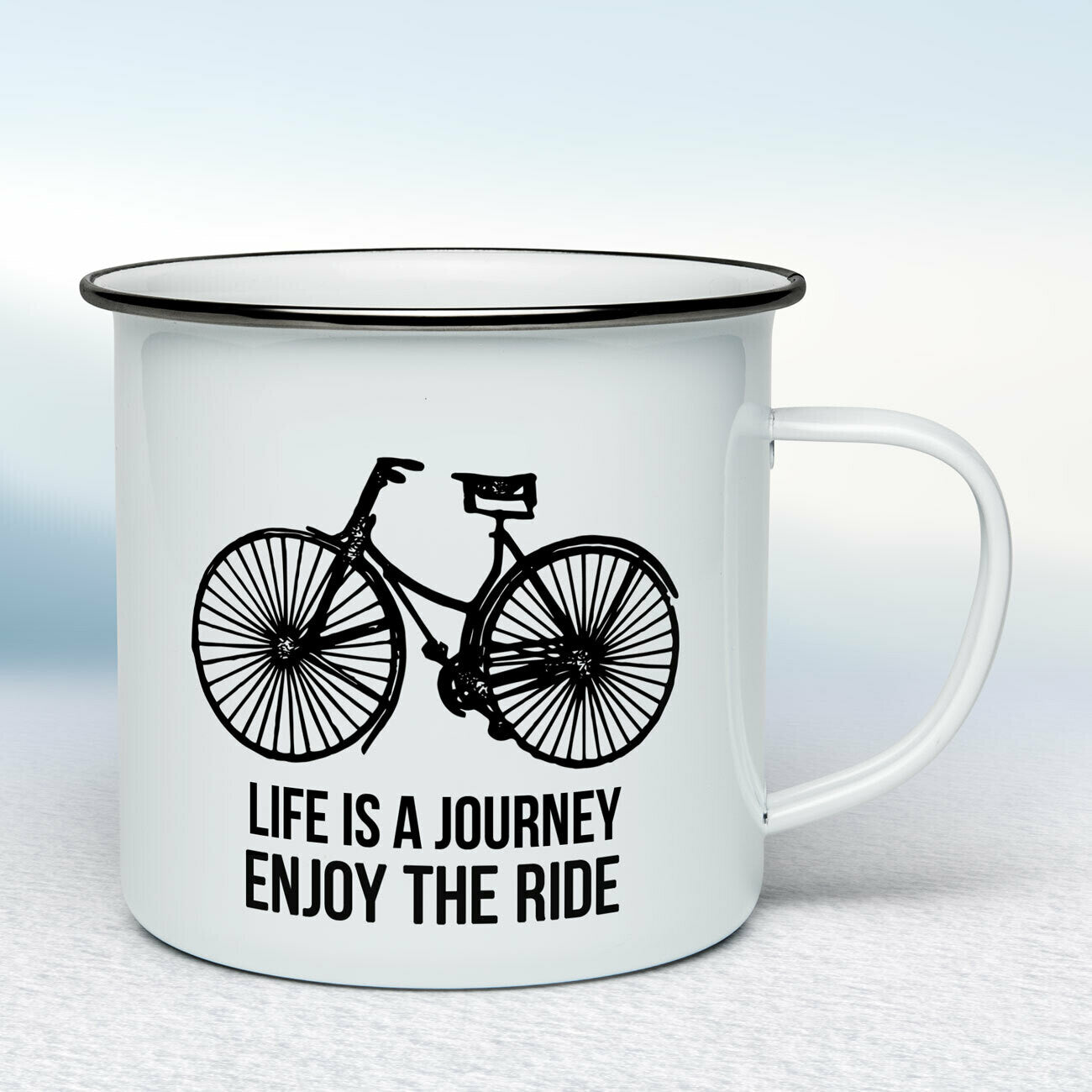 Smaltovaný hrnček - biely - Life is a journey enjoy the ride