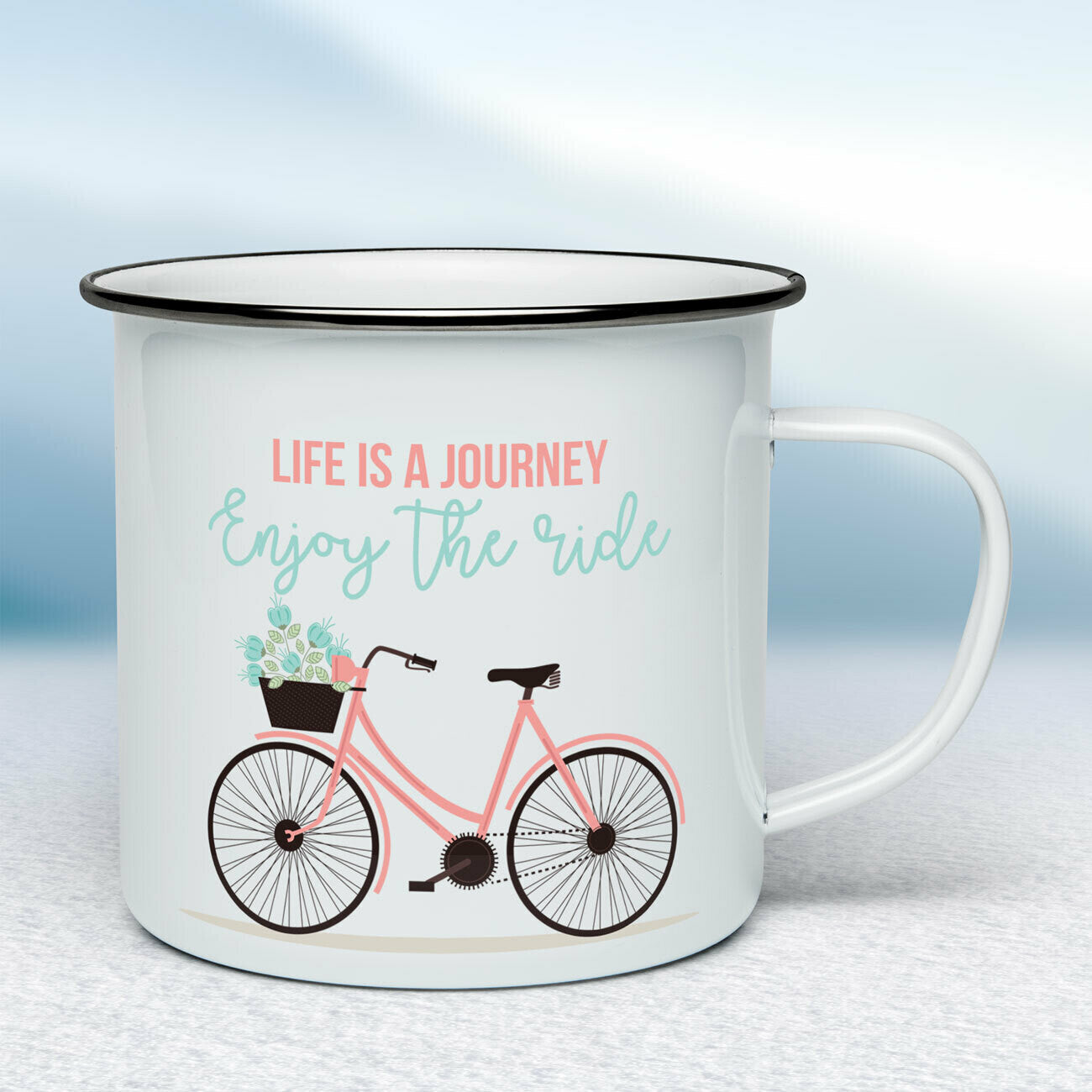 Smaltovaný hrnček - biely - Life is a journey enjoy the ride