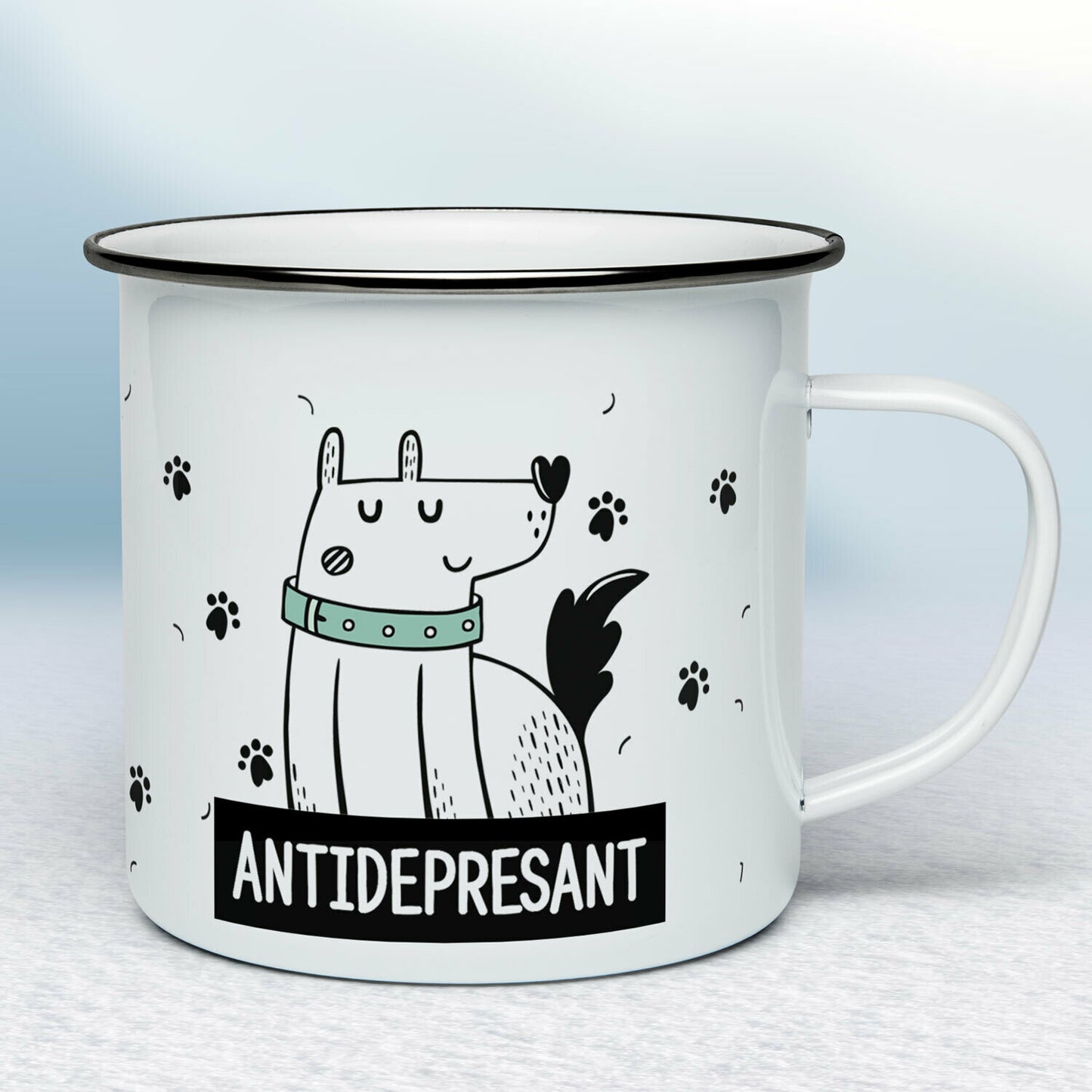 Smaltovaný hrnček - biely - Pes antidepresant