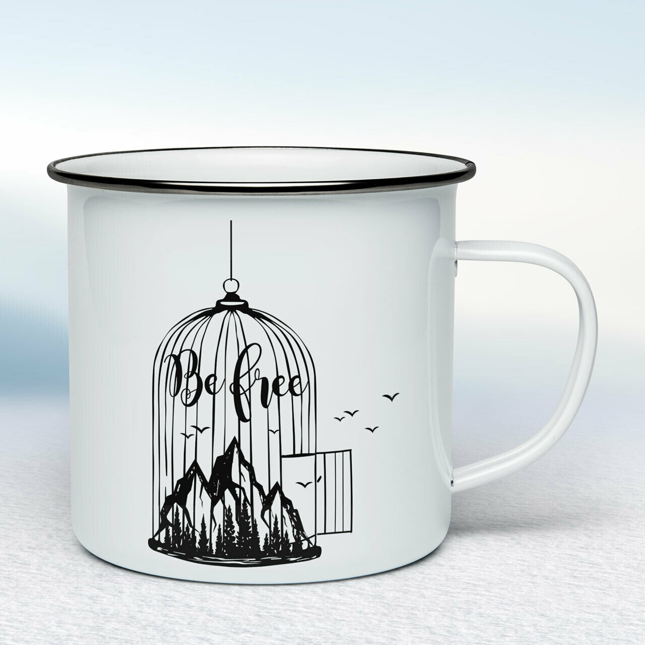 Smaltovaný hrnček - biely - Be free
