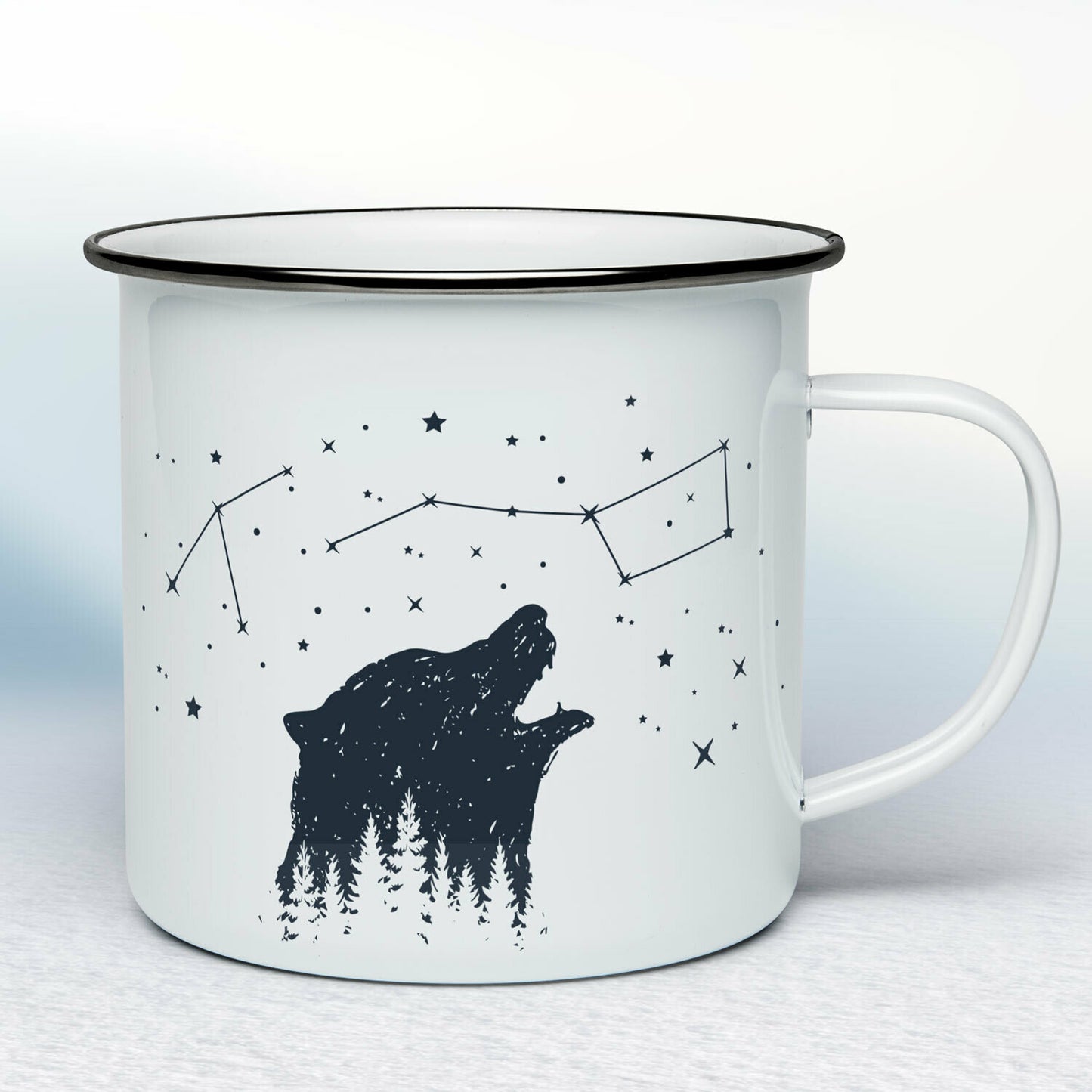 Smaltovaný hrnček - biely - Medveď s nočnou oblohou