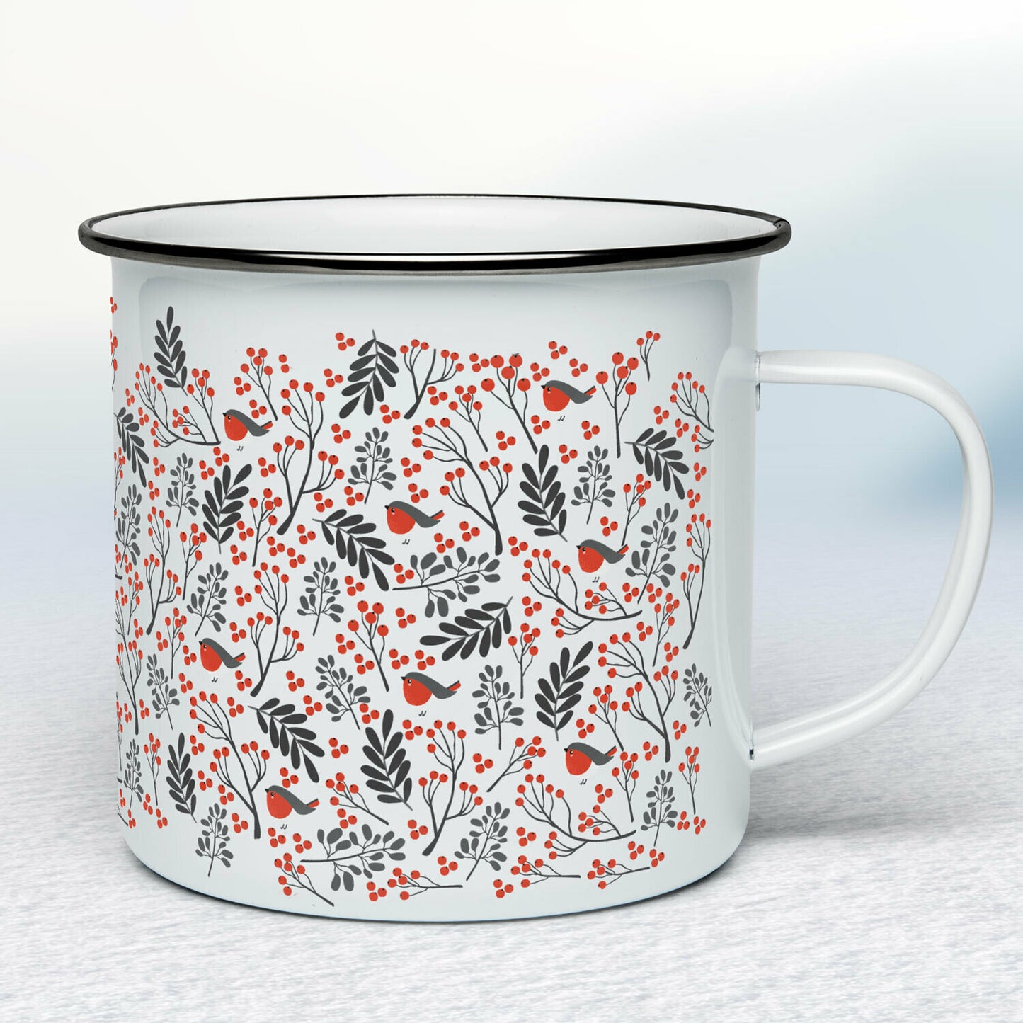 Smaltovaný hrnček - biely - Vzor vtáčiky & rastlinky