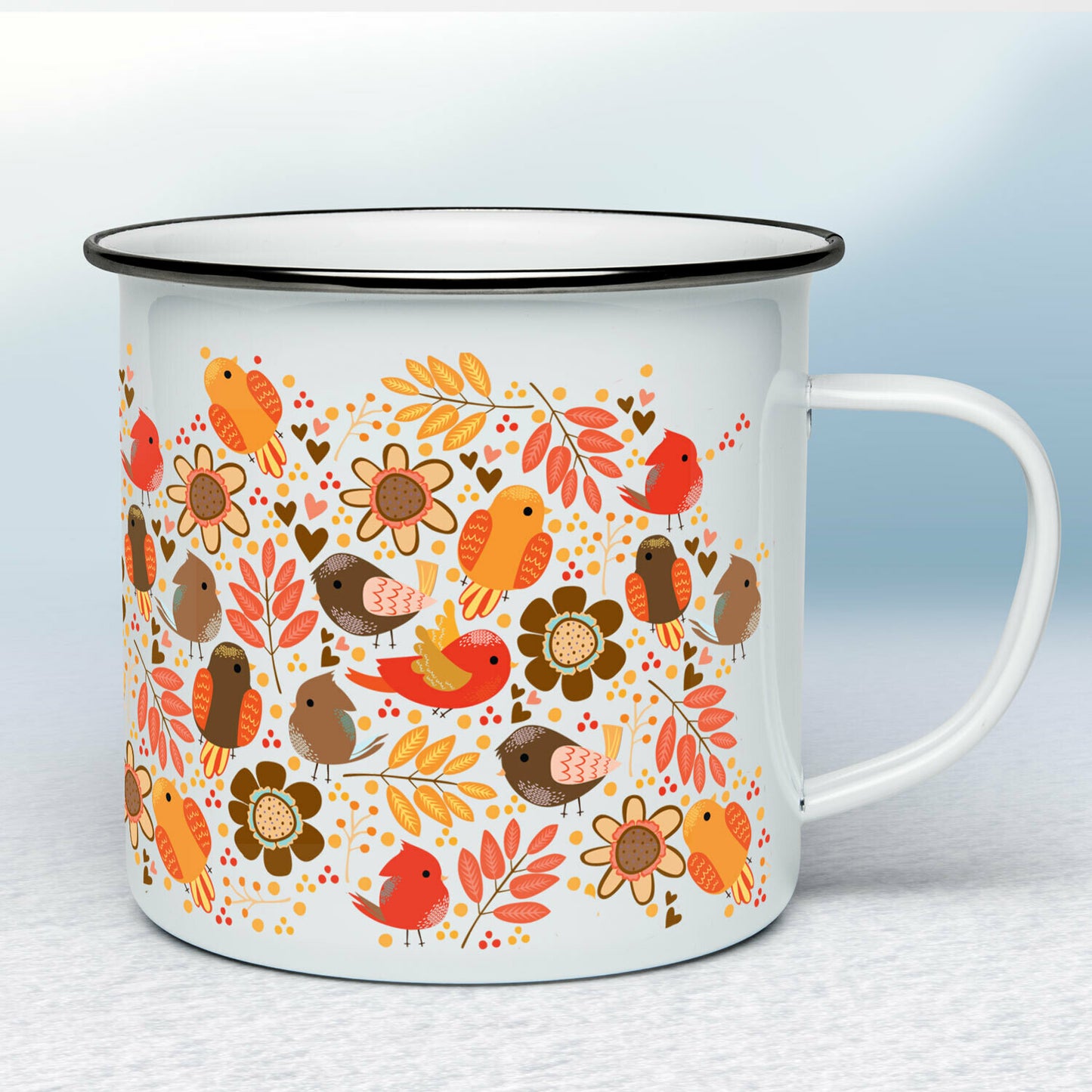 Smaltovaný hrnček - biely - Jesenné vtáčiky & rastlinky