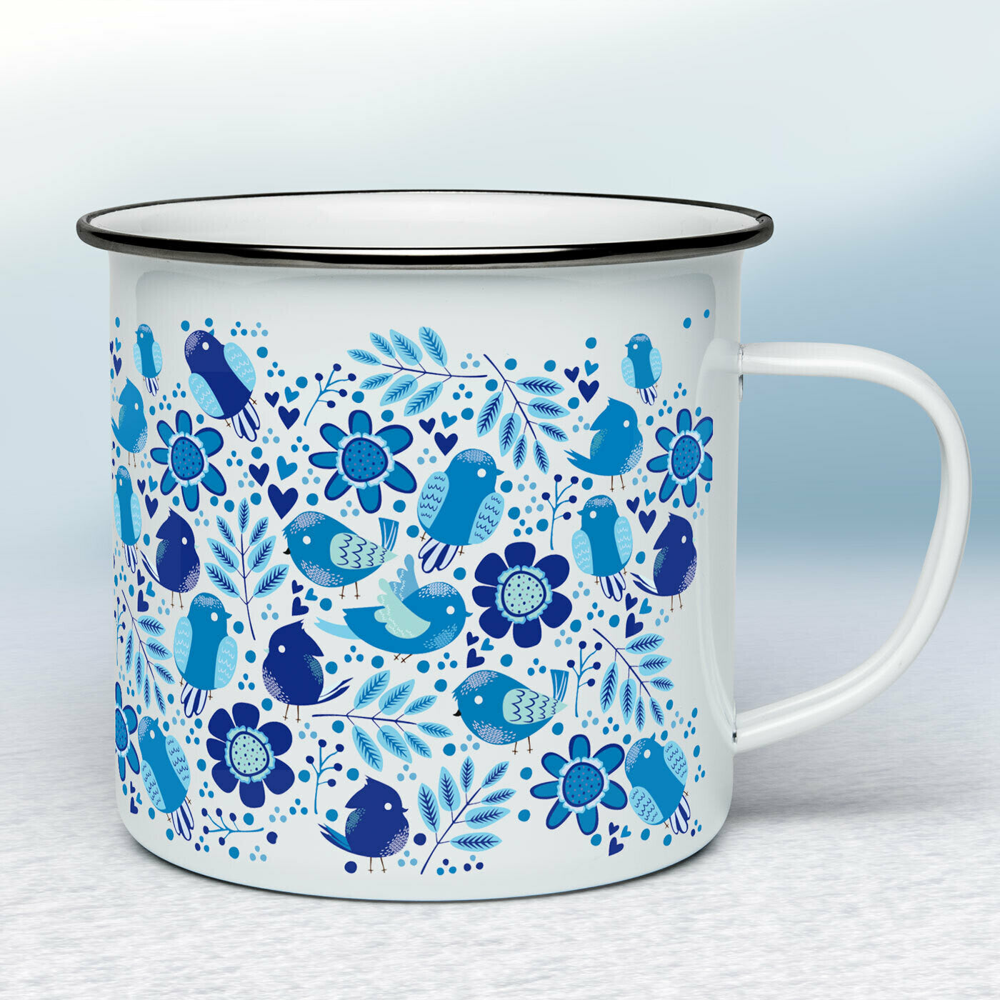 Smaltovaný hrnček - biely - Modré vtáčiky & rastlinky