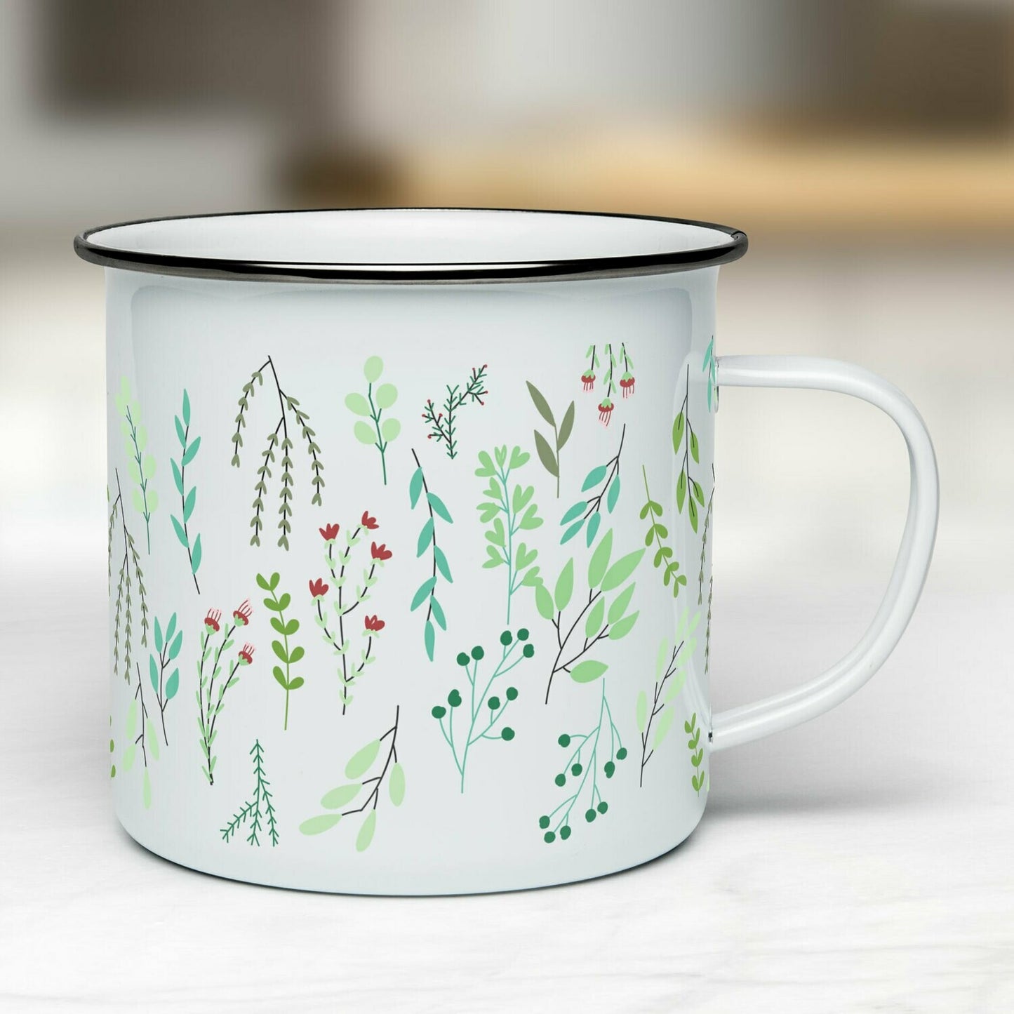 Smaltovaný hrnček - biely - Rastlinky bylinky
