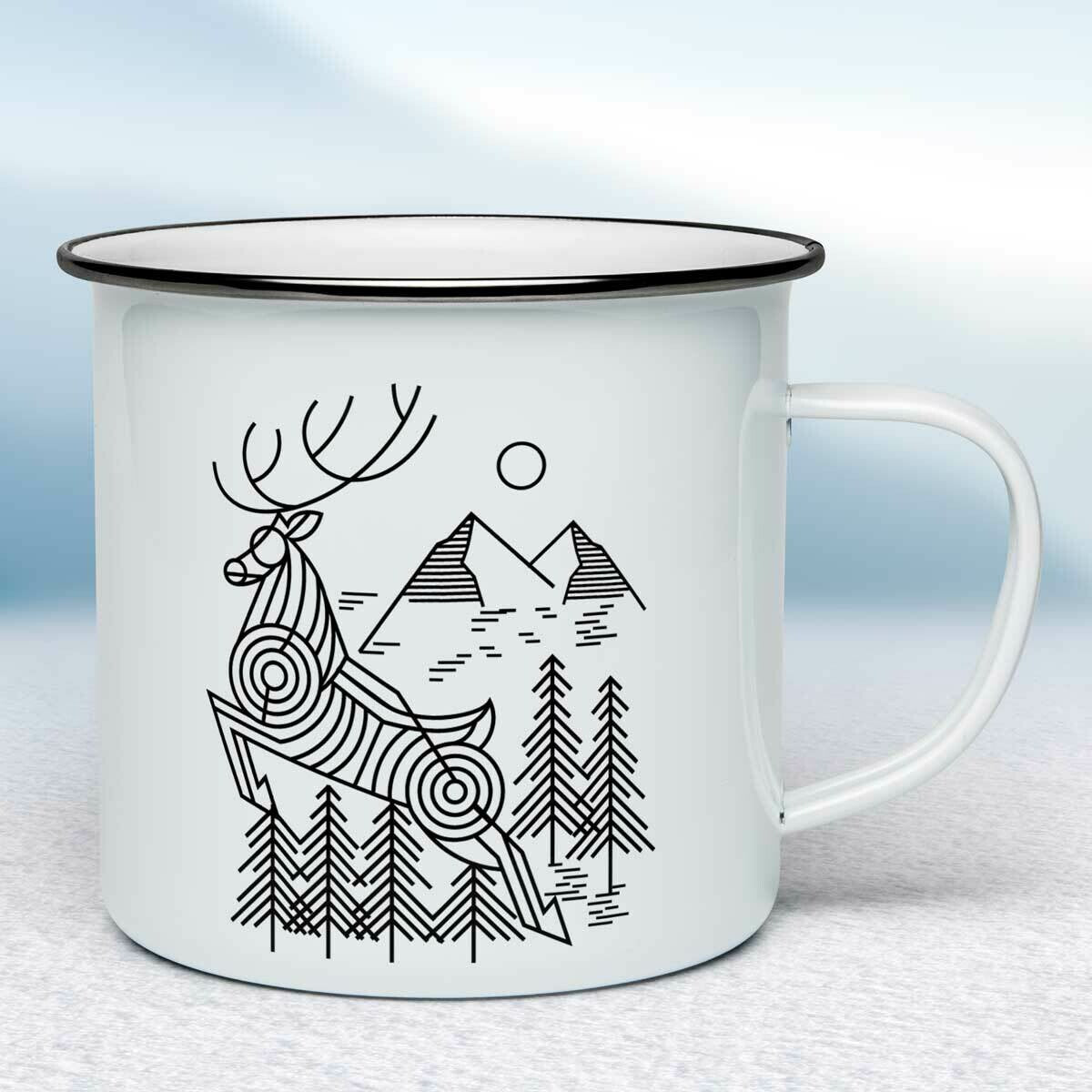 Smaltovaný hrnček - biely - Geometrický jeleň v prírode