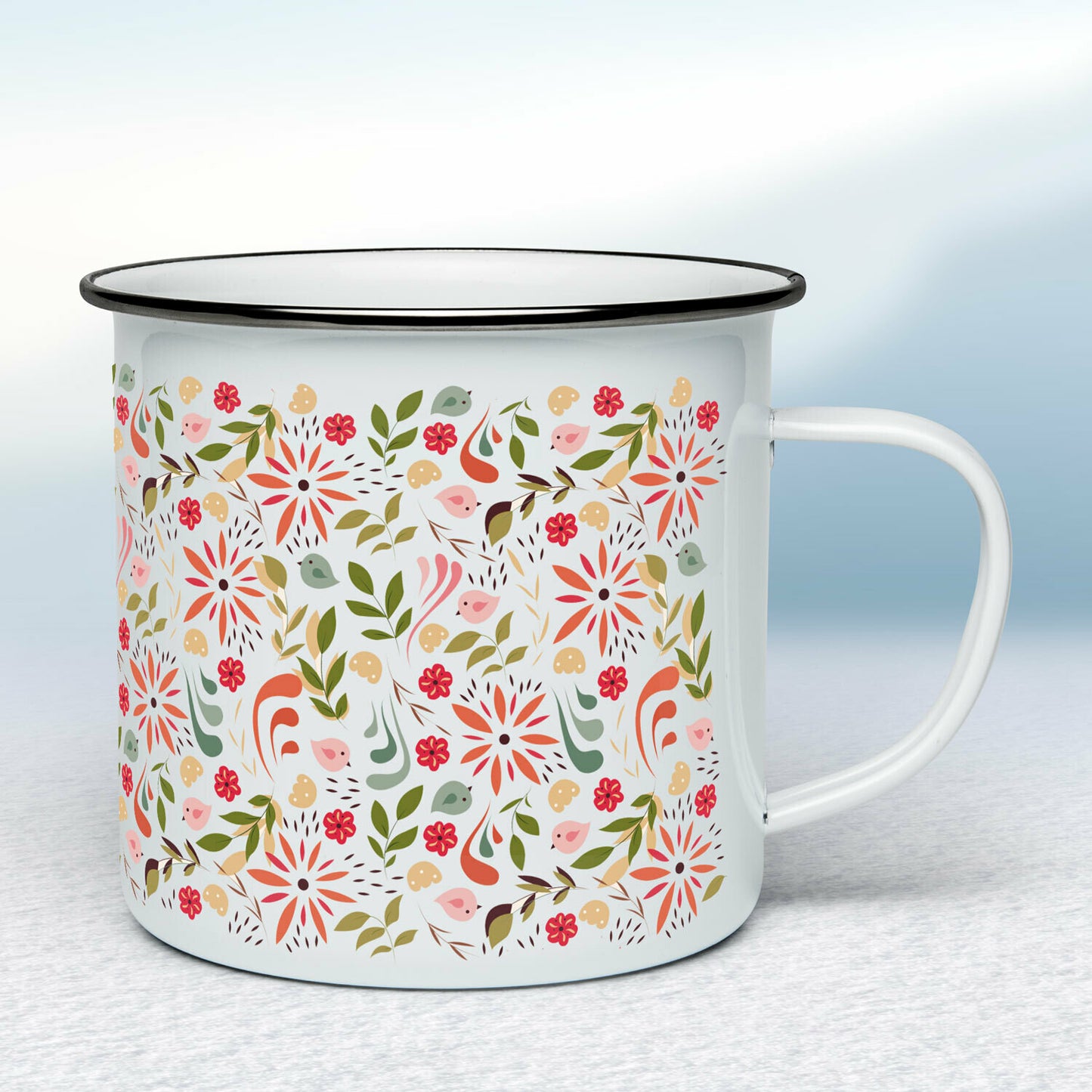 Smaltovaný hrnček - biely - Vzor s vtáčikmi a kvietkami