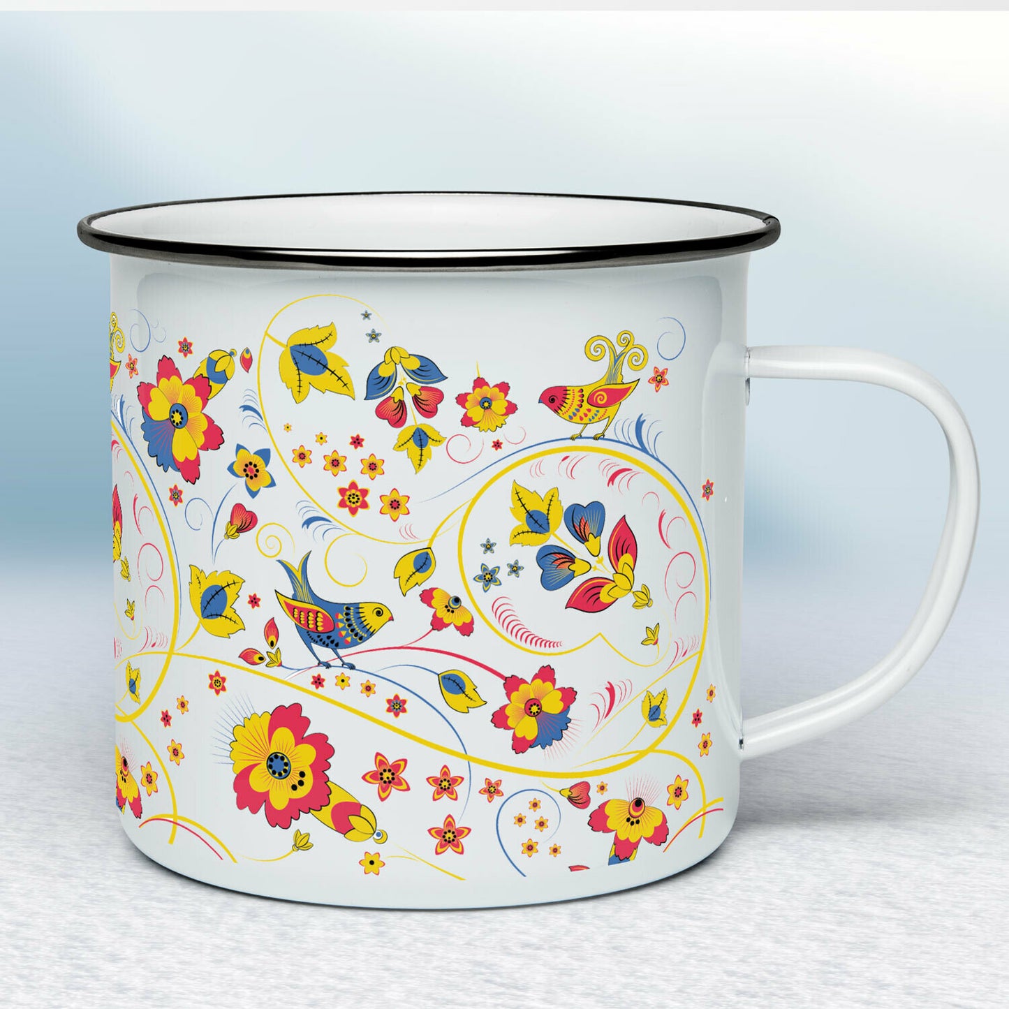 Smaltovaný hrnček - biely - Kvety s vtáčikmi