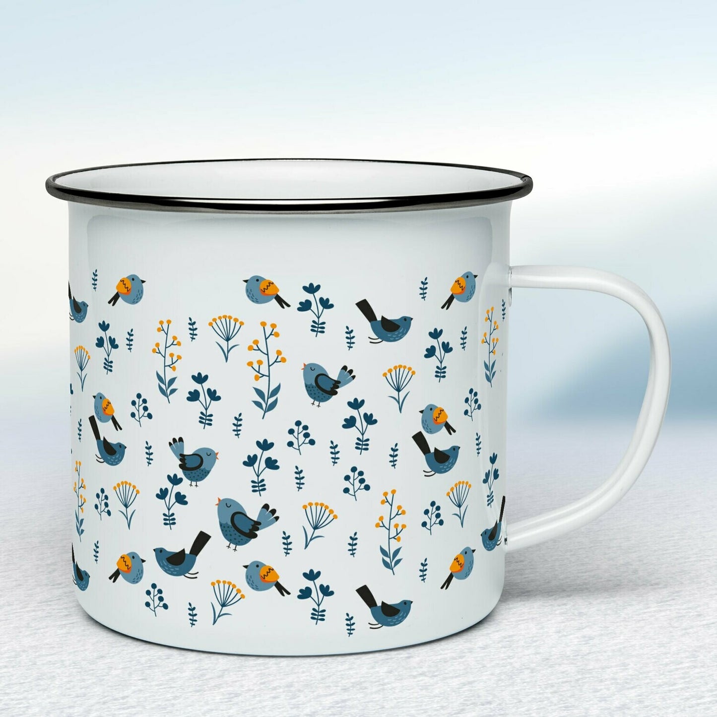 Smaltovaný hrnček - biely - Vzor modré vtáčiky a kvietky