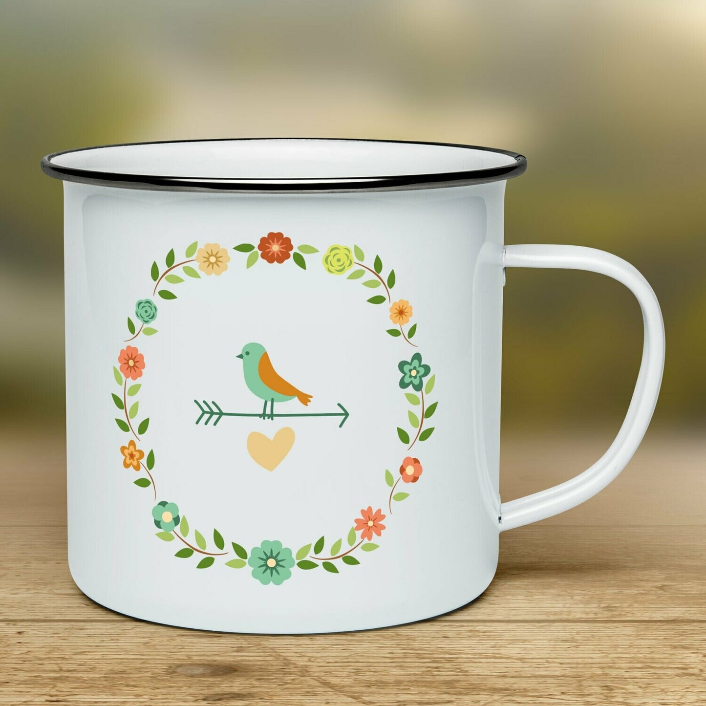 Smaltovaný hrnček - biely - Vtáčik v kvetinkovom kruhu
