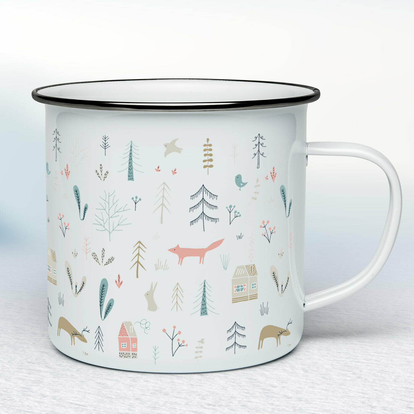 Smaltovaný hrnček - biely - Lesný roztomilý vzor