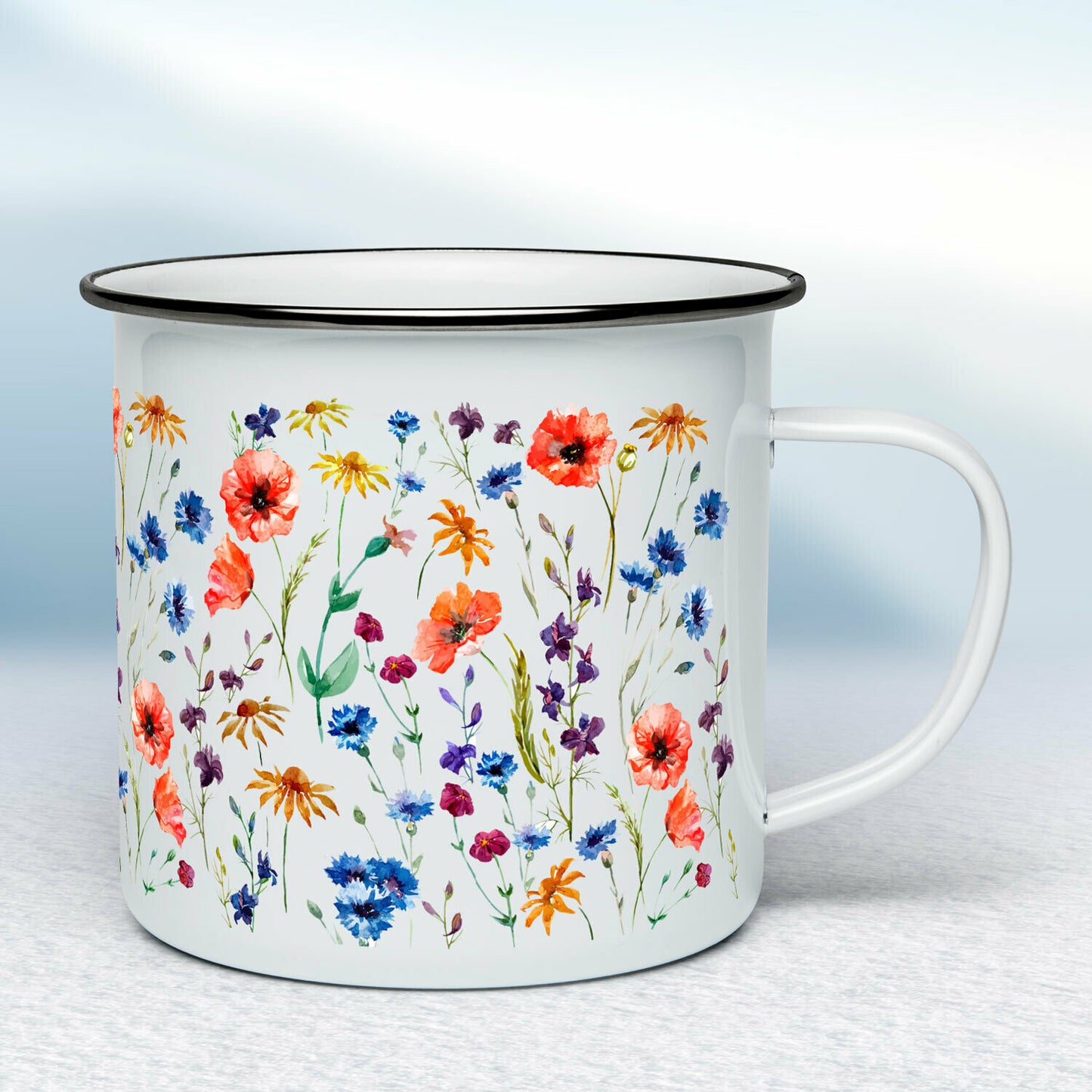 Smaltovaný hrnček - biely - Maky a iné lúčne kvety