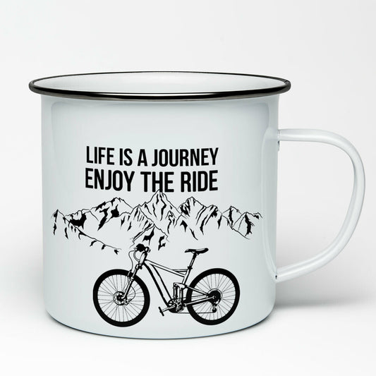 Smaltovaný hrnček - biely - Life is a journey enjoy the ride s horami