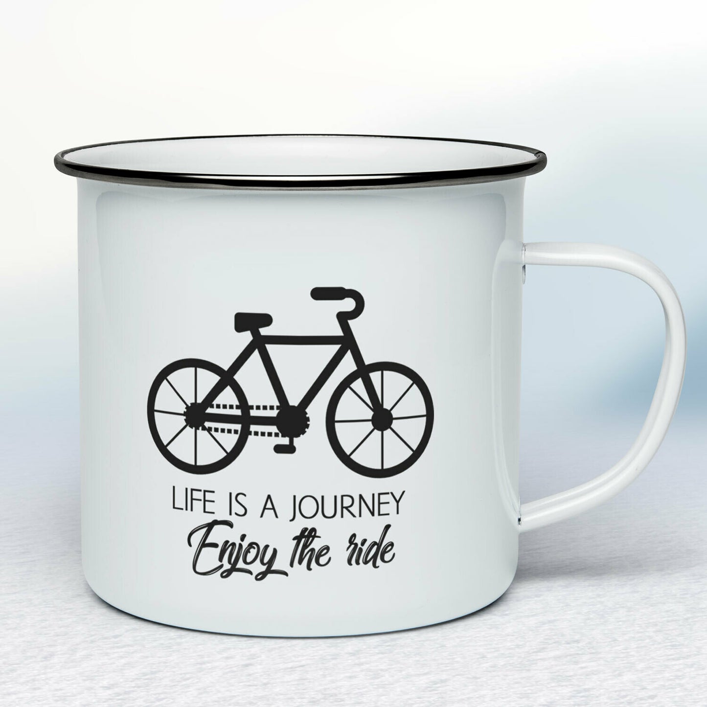 Smaltovaný hrnček - biely - Life is a journey enjoy the ride bike
