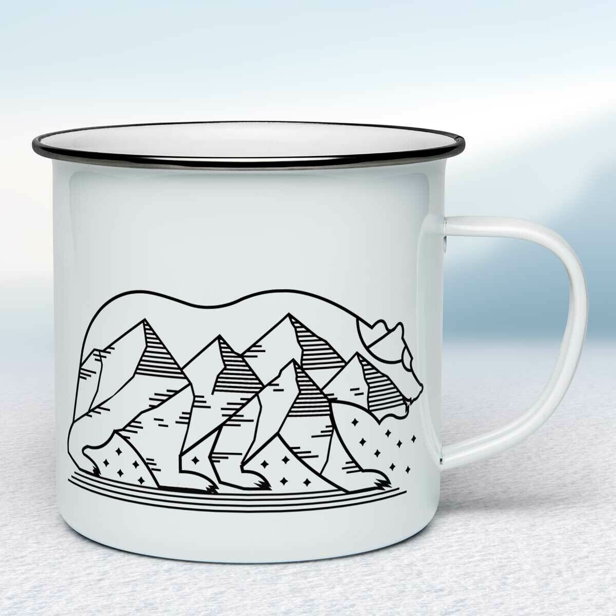 Smaltovaný hrnček - biely - Medveď s horami