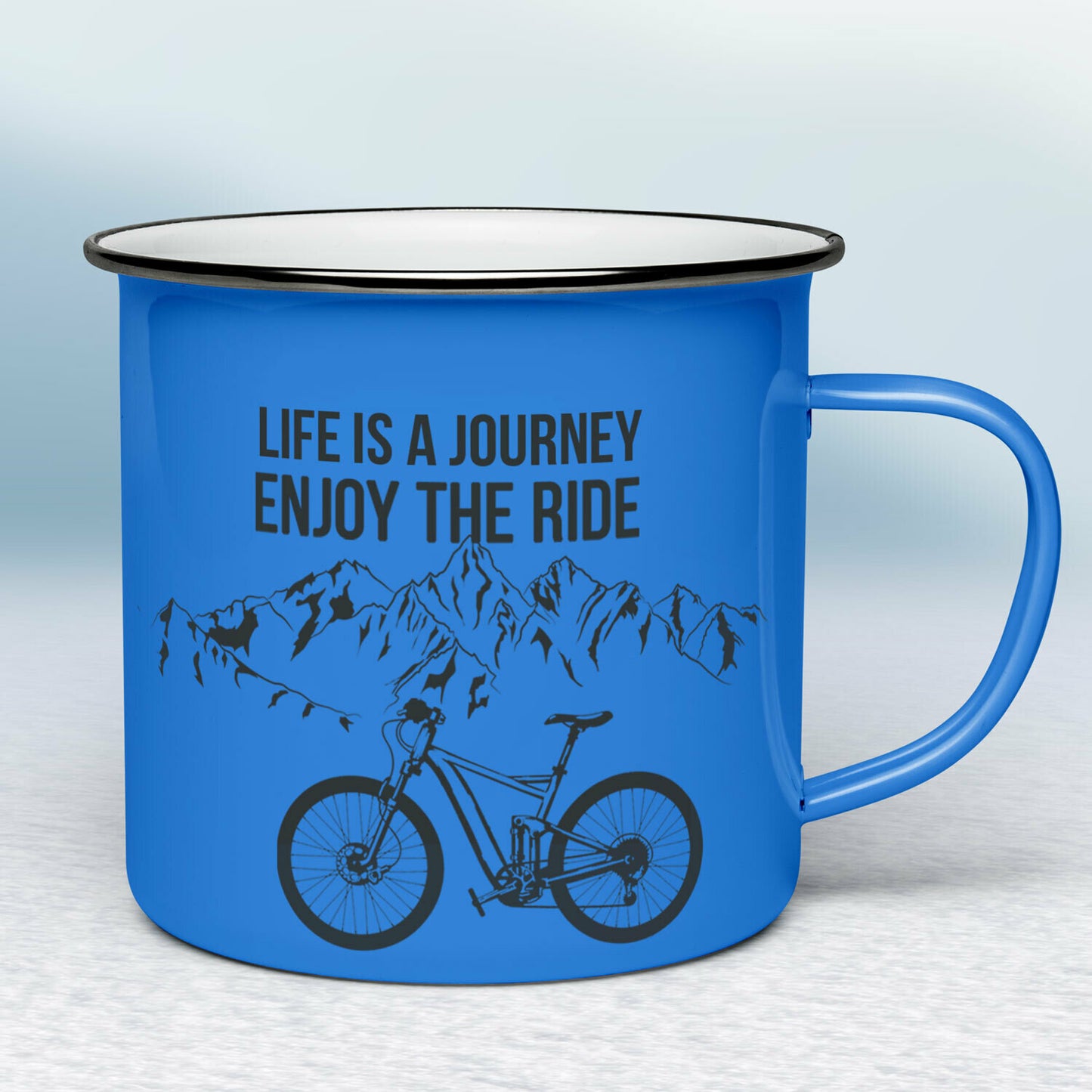 Smaltovaný hrnček - modrý - Life is a journey enjoy the ride s horami