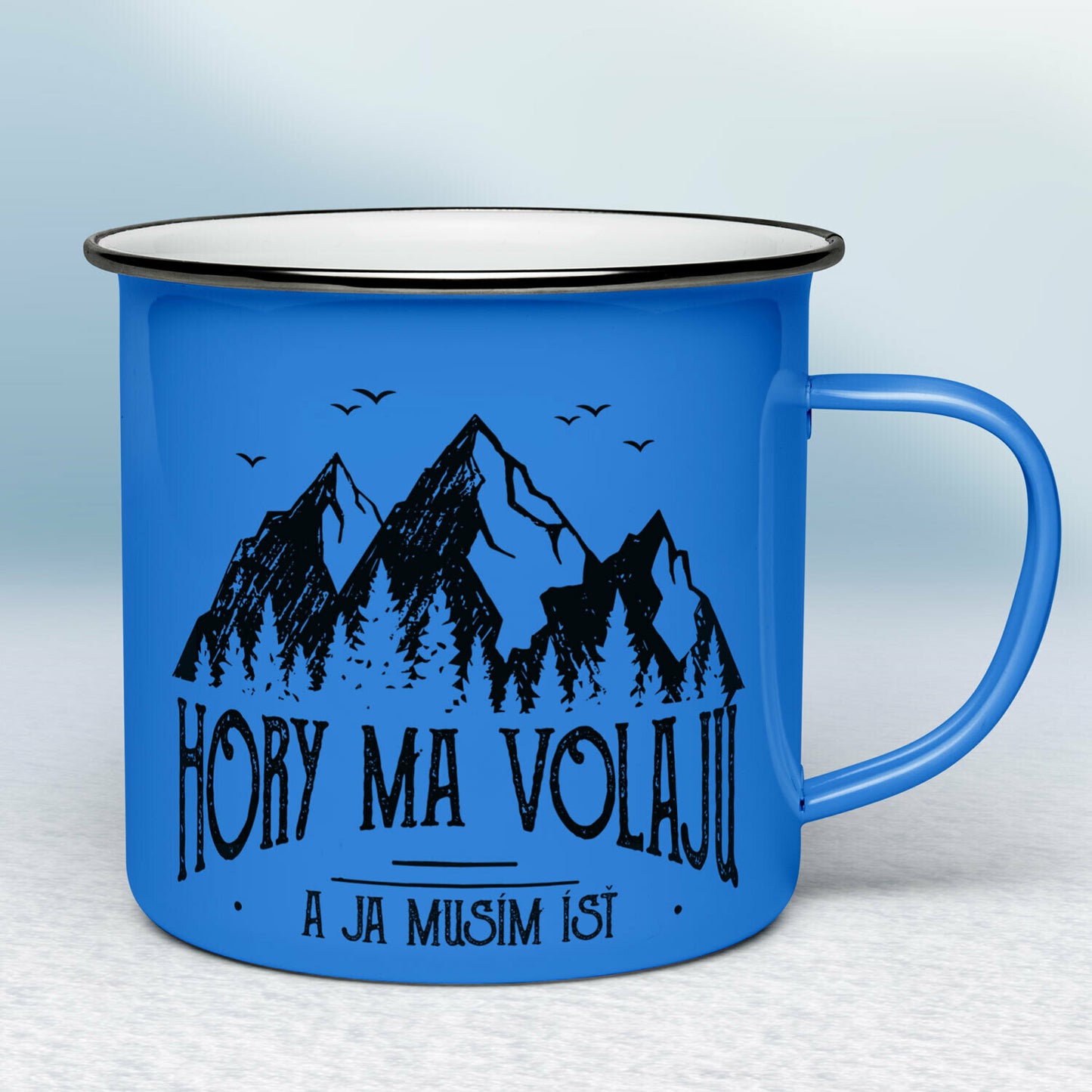 Smaltovaný hrnček - modrý - Hory ma volajú a ja musím ísť