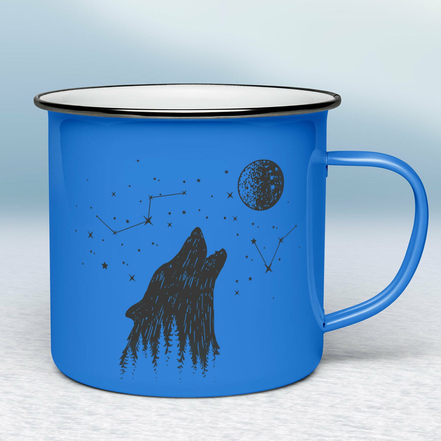 Smaltovaný hrnček - modrý - Vlk s nočnou oblohou