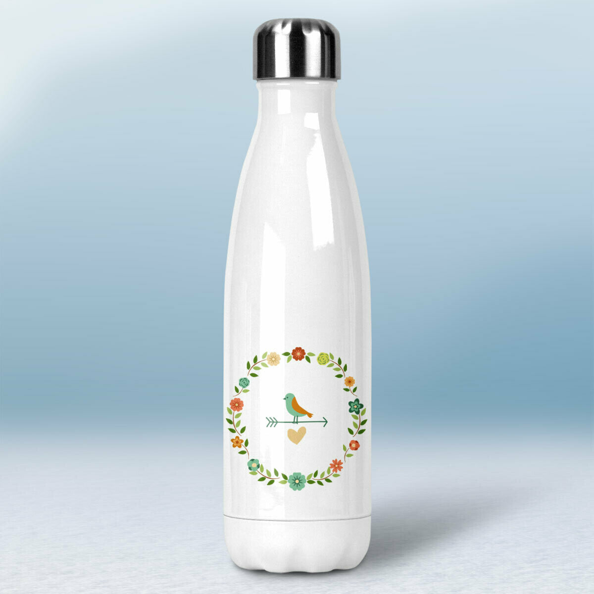Termofľaša - biela - Vtáčik v kvetinkovom kruhu
