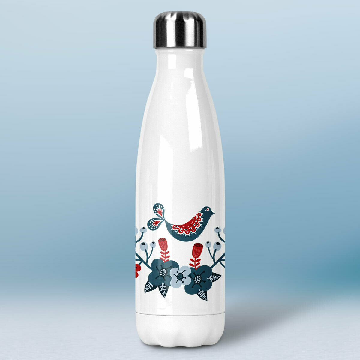 Termofľaša - biela - Škandinávsky kvetinkový vzor s vtáčikom