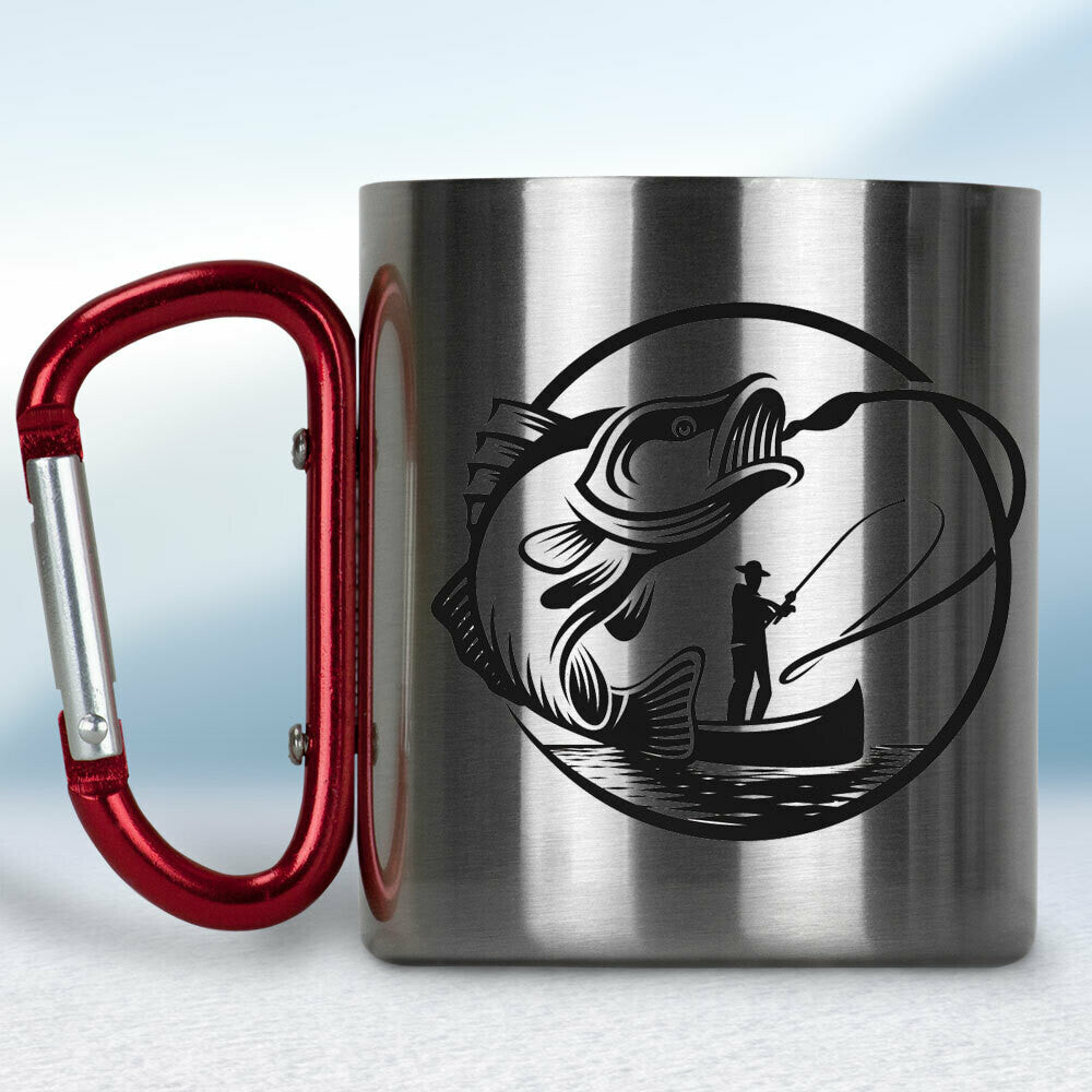 Kovový turistický hrnček s karabínkou pre rybára