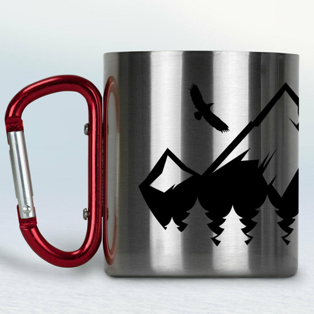 Kovový turistický hrnček s karabínkou s horami