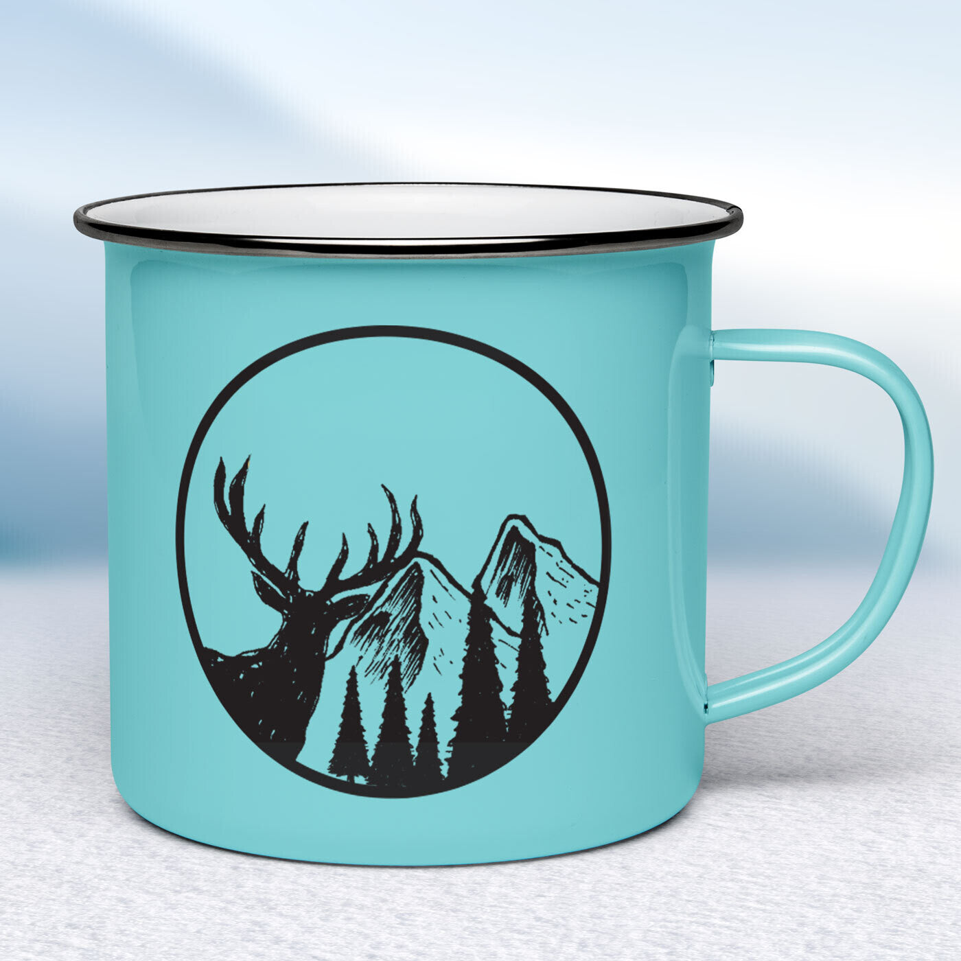 Tyrkysový smaltovaný hrnček s jeleňom