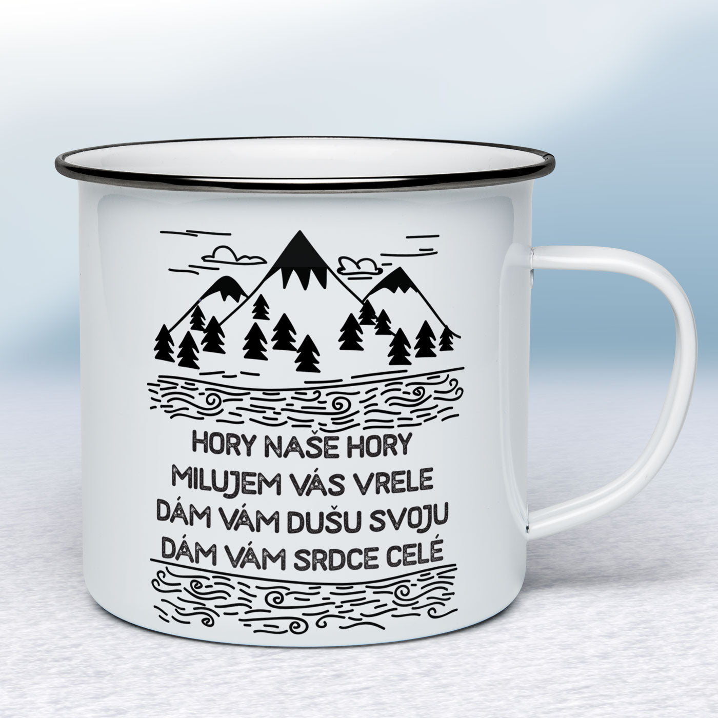 Smaltovaný hrnček Hory naše hory