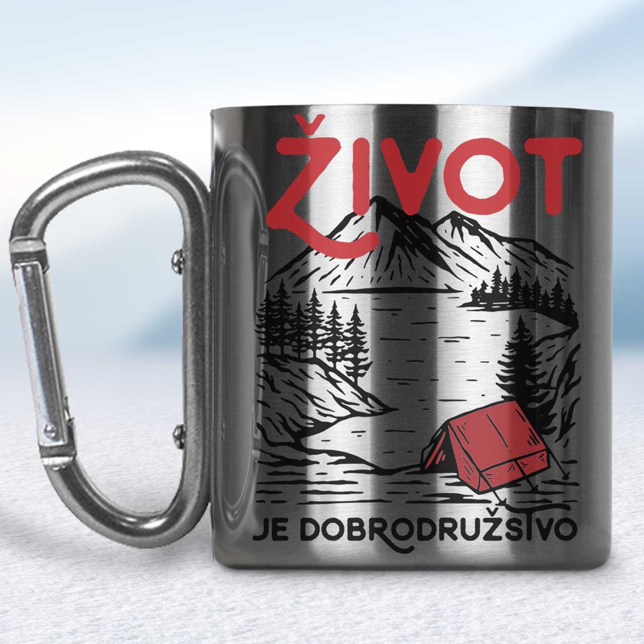 Kovový turistický hrnček s karabínkou