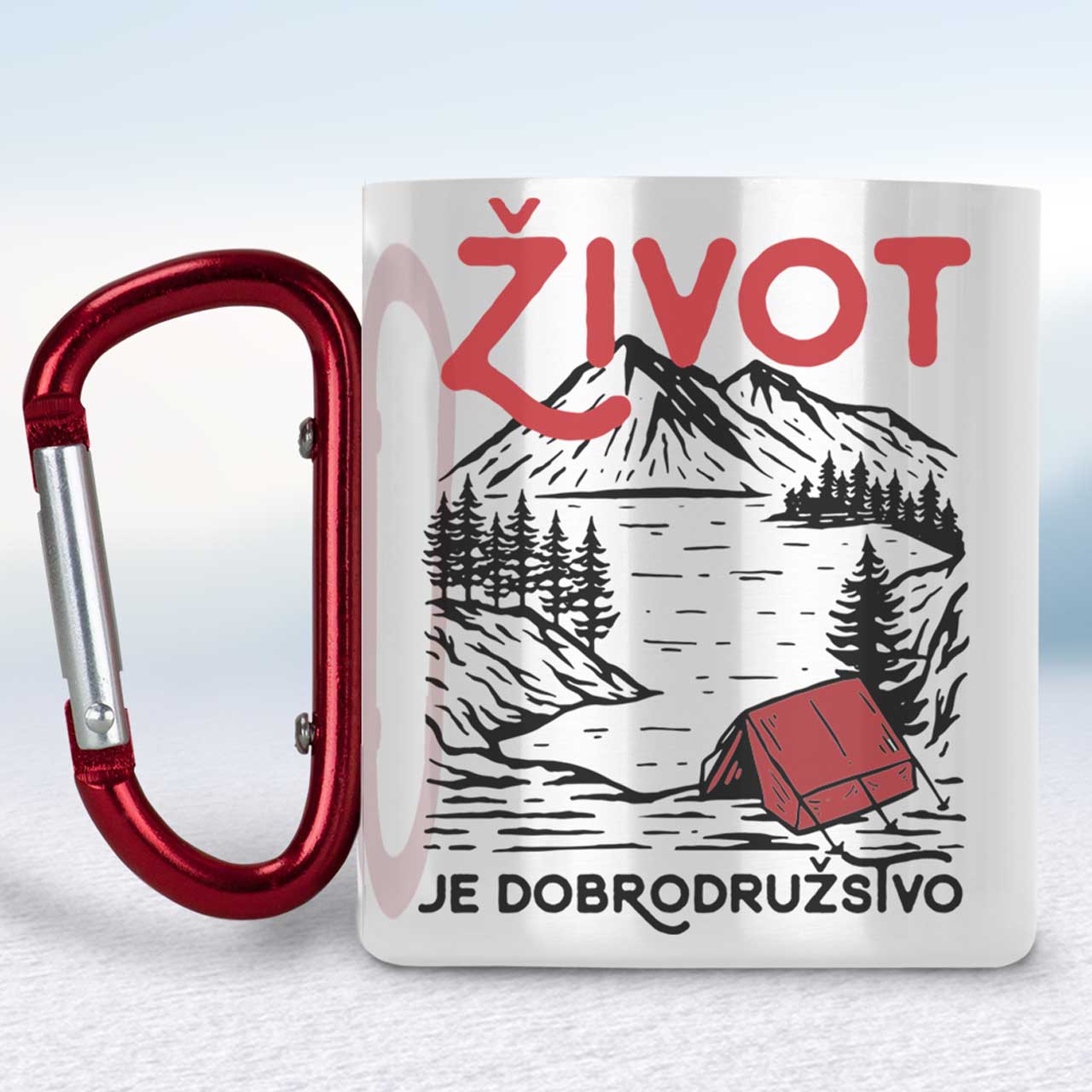 Biely turistický hrnček s karabínkou